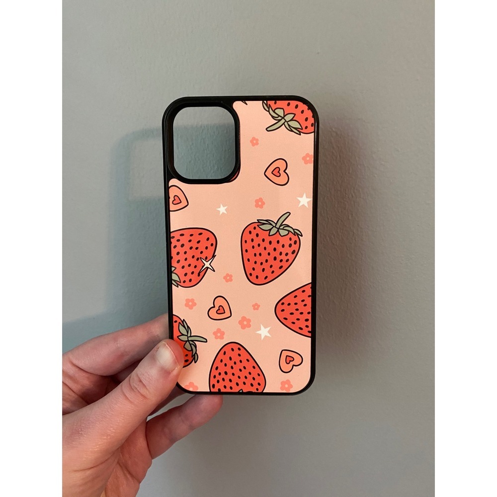 iPhone 12 Mini Phone Case Pink Strawberry Heart Print Cottagecore Aesthetic